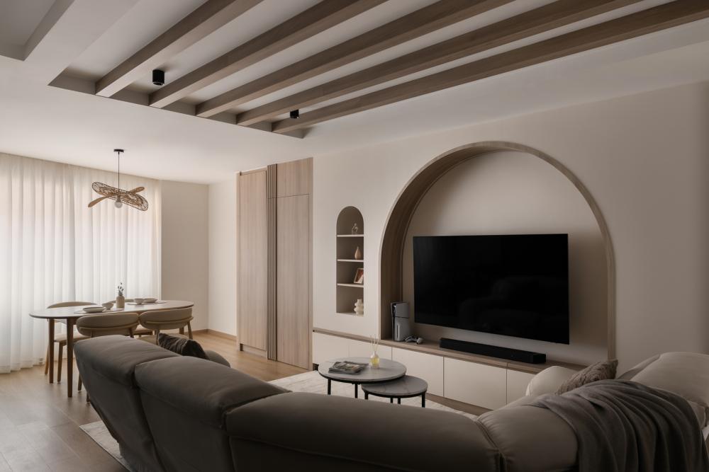 Scandinavian Living Room with Wood Flooring and TV Console