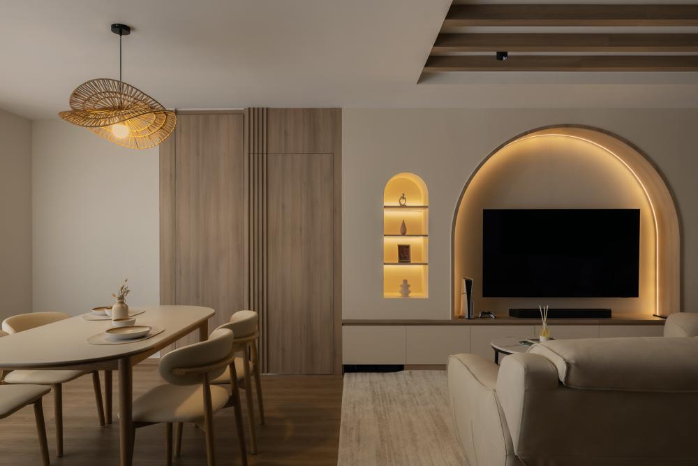 Scandinavian Living Room with TV Console and Feature Wall