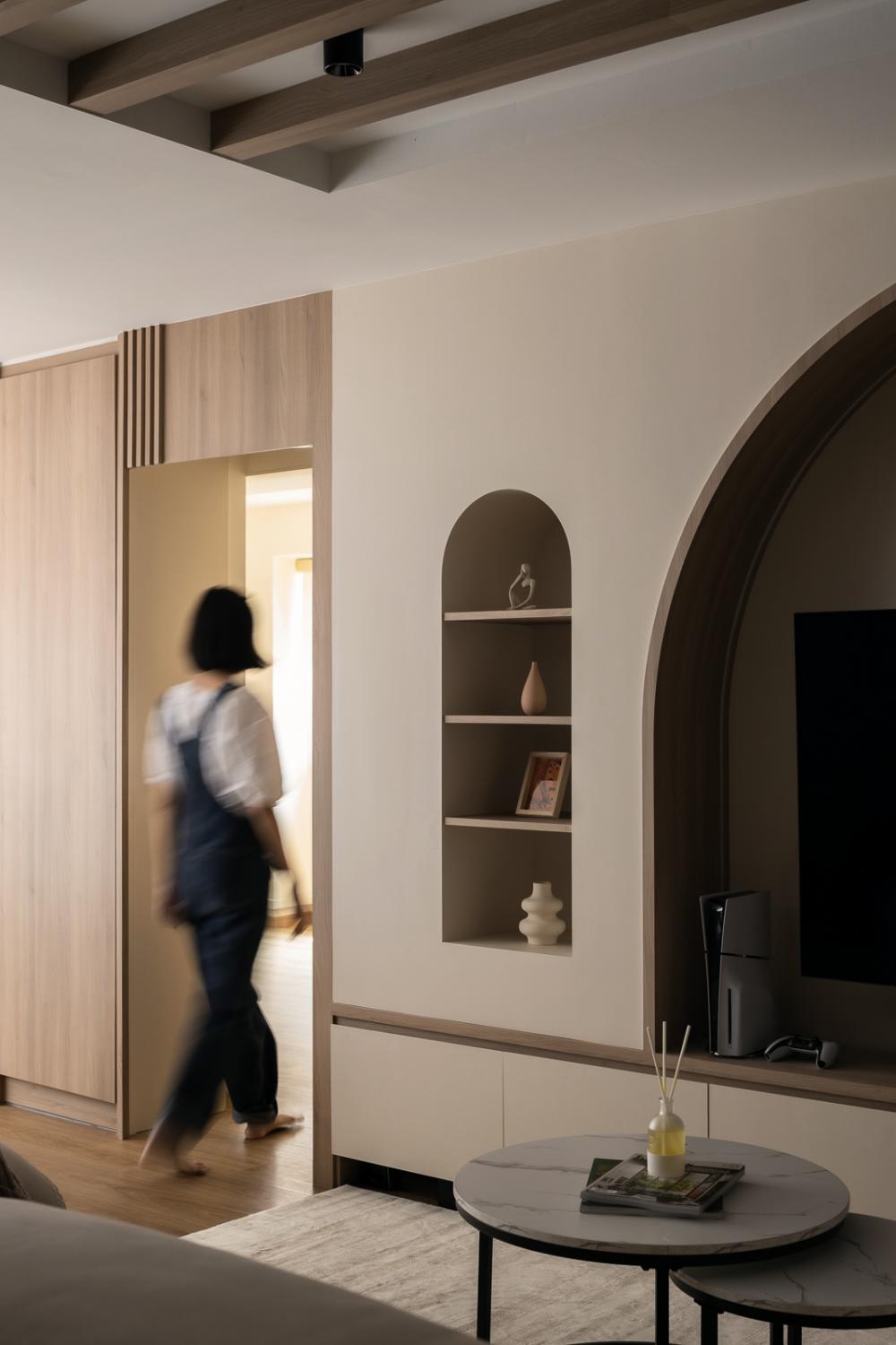 Scandinavian Living Room with Wood Flooring and Feature Wall