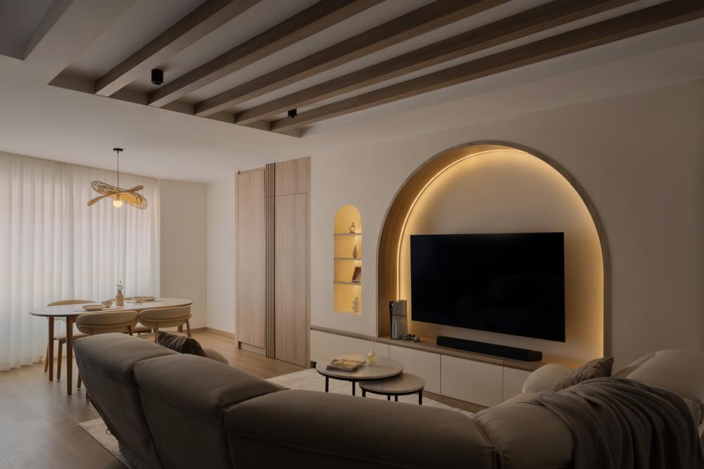 Scandinavian Living Room with Wood Flooring and TV Console