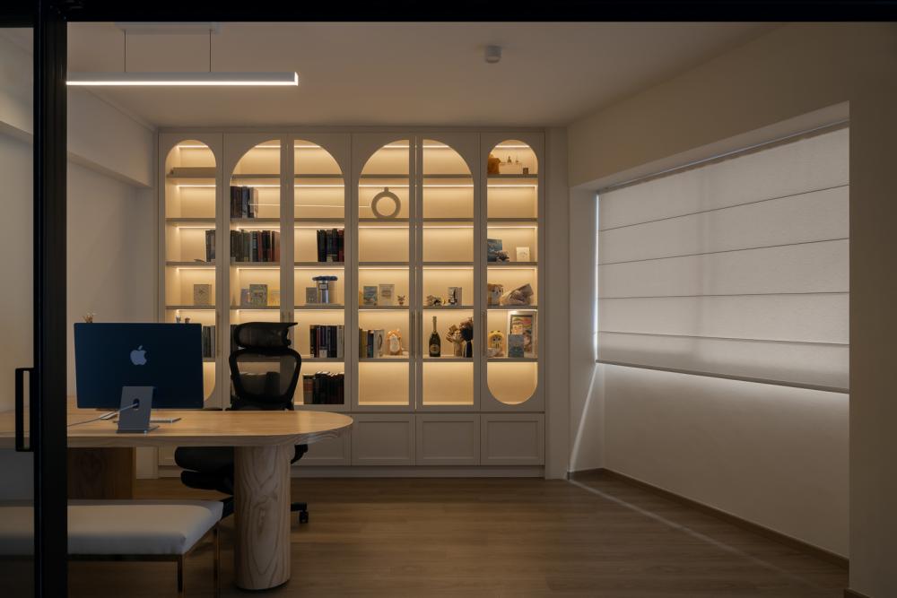 Scandinavian Study with Bookshelf and Storage Cabinets