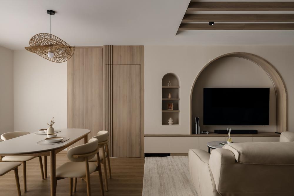Scandinavian Living Room with Feature Wall and Dining Table