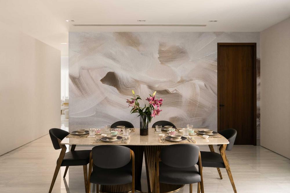 Modern Dining Room with Feature Wall and Wallpaper