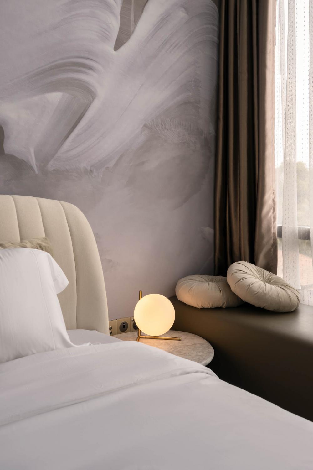 Modern Bedroom with Bay Window and Wallpaper