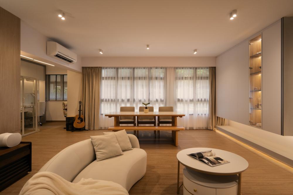 Minimalist Dining Room with Vinyl Flooring and Curtain