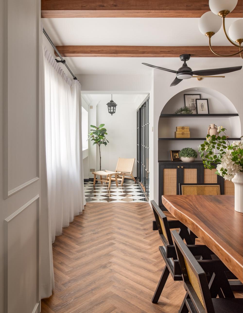 Vintage Balcony with Herringbone Tiling and Wood Flooring