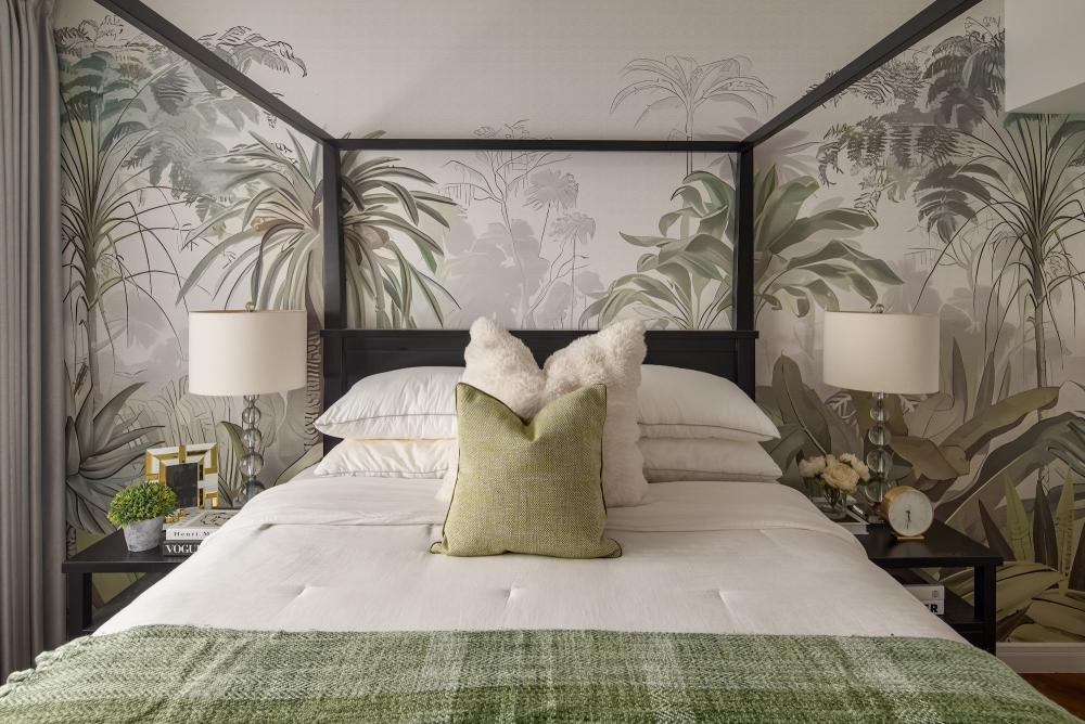 Vintage Bedroom with Wallpaper and Bedside Table