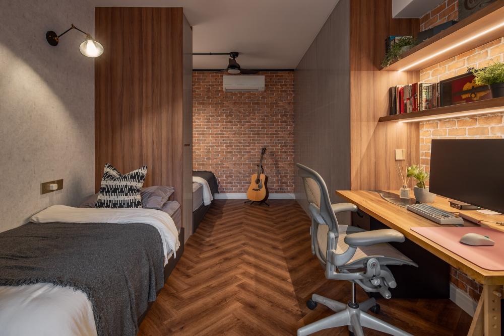 Vintage Bedroom with Herringbone Tiling and Wood Flooring