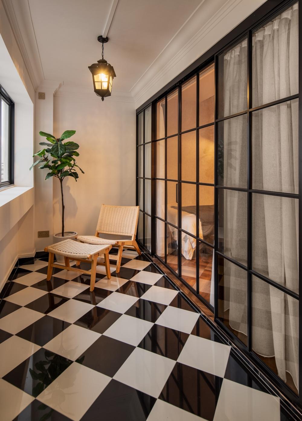 Vintage Balcony with Glass Door and Lighting