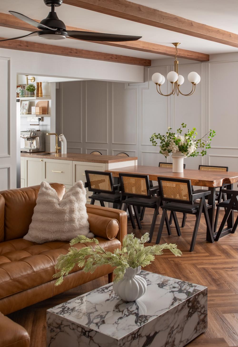 Vintage Dining Room with Herringbone Tiling and Wood Flooring