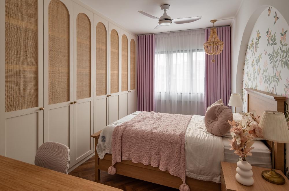 Vintage Bedroom with Herringbone Tiling and Wood Flooring