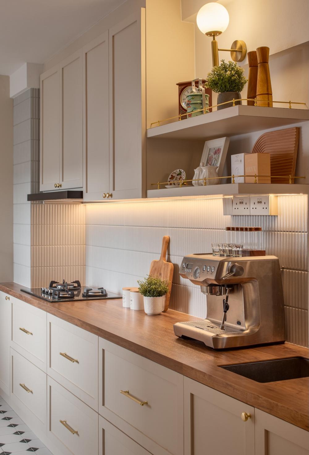 Vintage Kitchen with Cupboard and Kitchen Backsplash