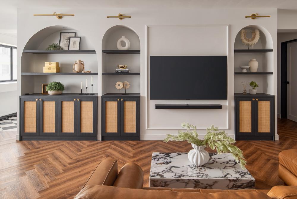 Vintage Living Room with Herringbone Tiling and Wood Flooring