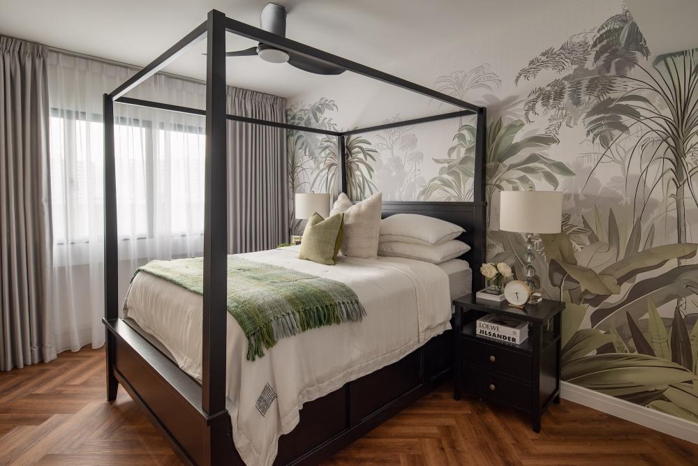 Vintage Bedroom with Herringbone Tiling and Wood Flooring