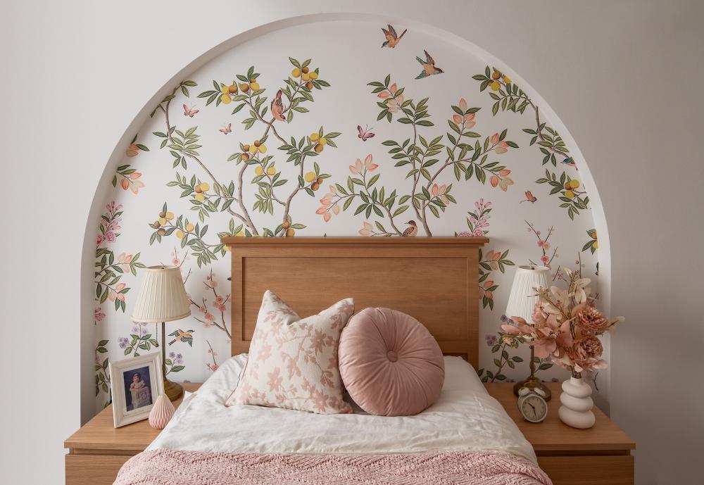 Vintage Bedroom with Wallpaper and Bed
