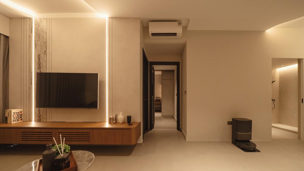 Contemporary Living Room with TV Console and Feature Wall