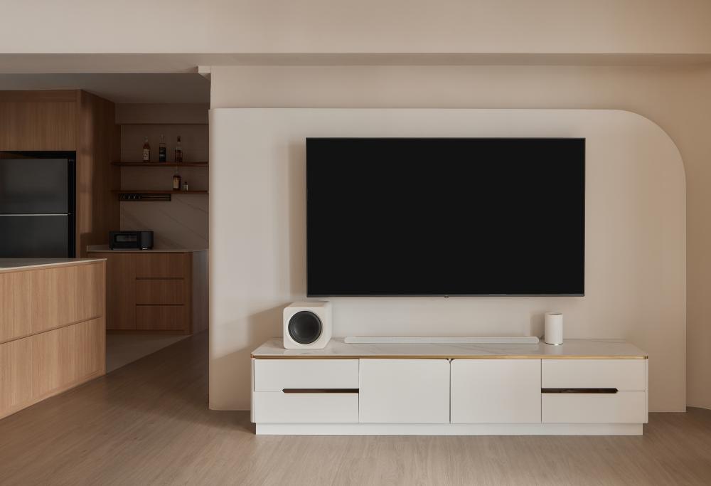 Scandinavian Living Room with Wood Flooring and TV Console