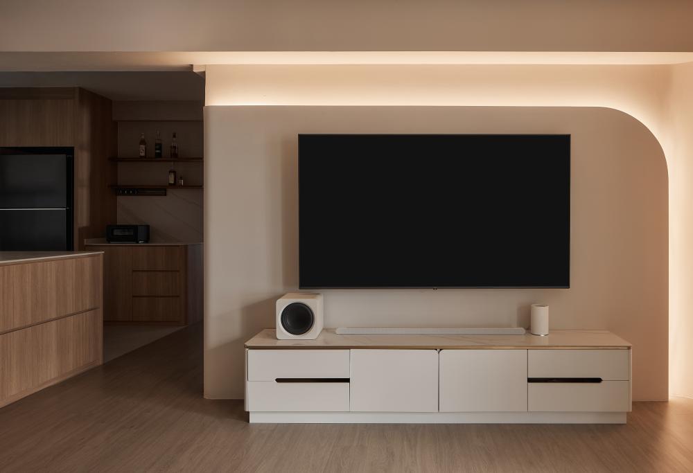 Scandinavian Living Room with Wood Flooring and TV Console