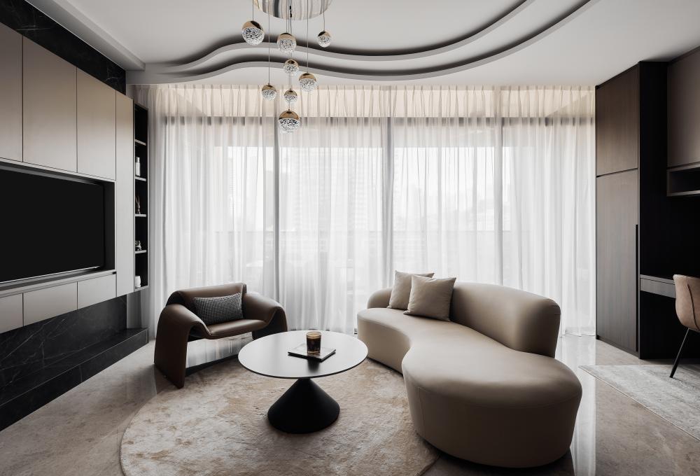 Modern Living Room with Marble Floor and TV Console