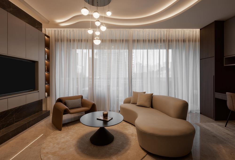 Modern Living Room with Marble Floor and TV Console