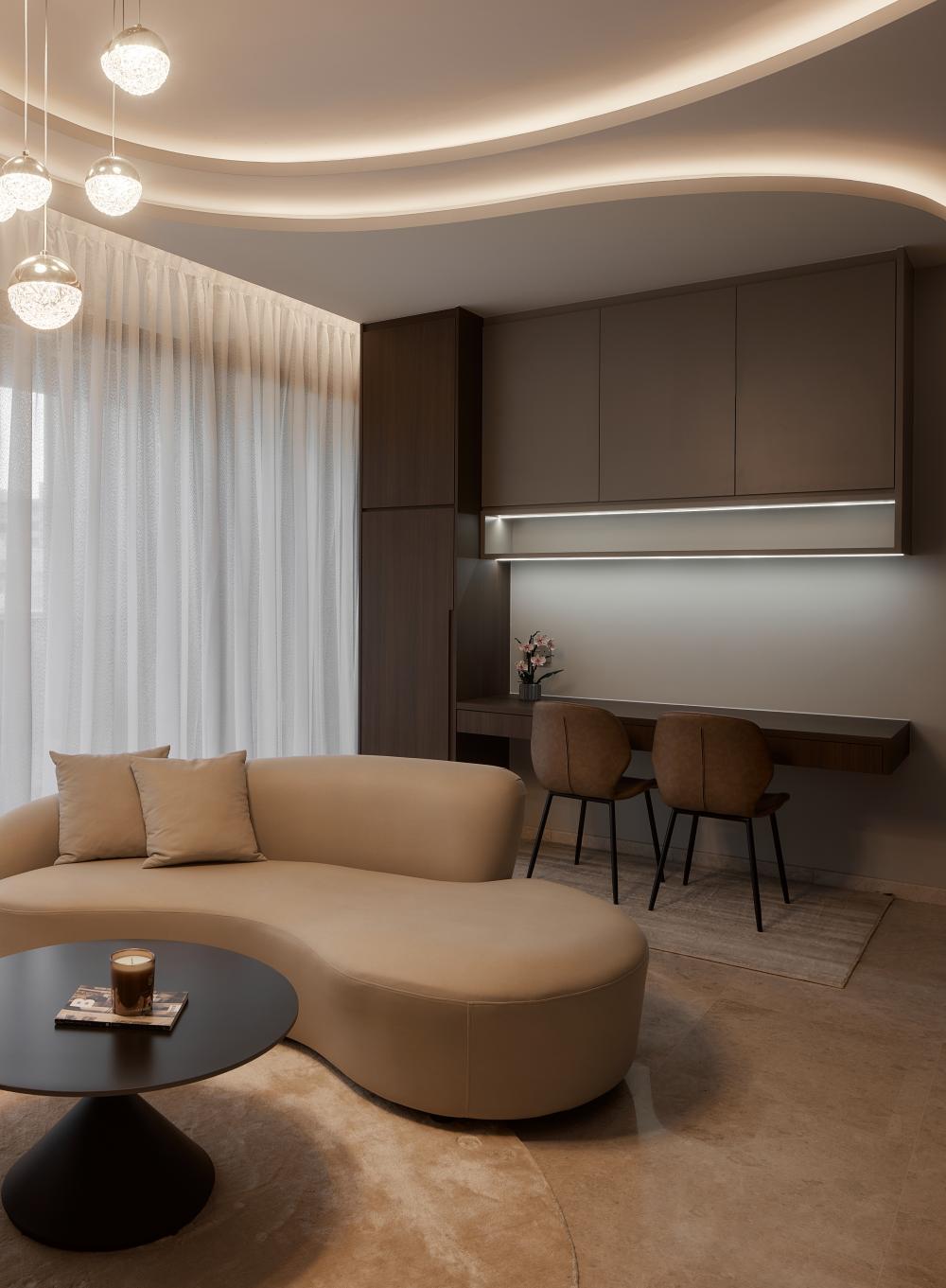 Modern Living Room with Marble Floor and Ceiling Light