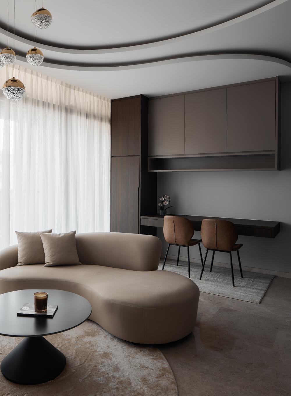 Modern Living Room with Marble Floor and Ceiling Light