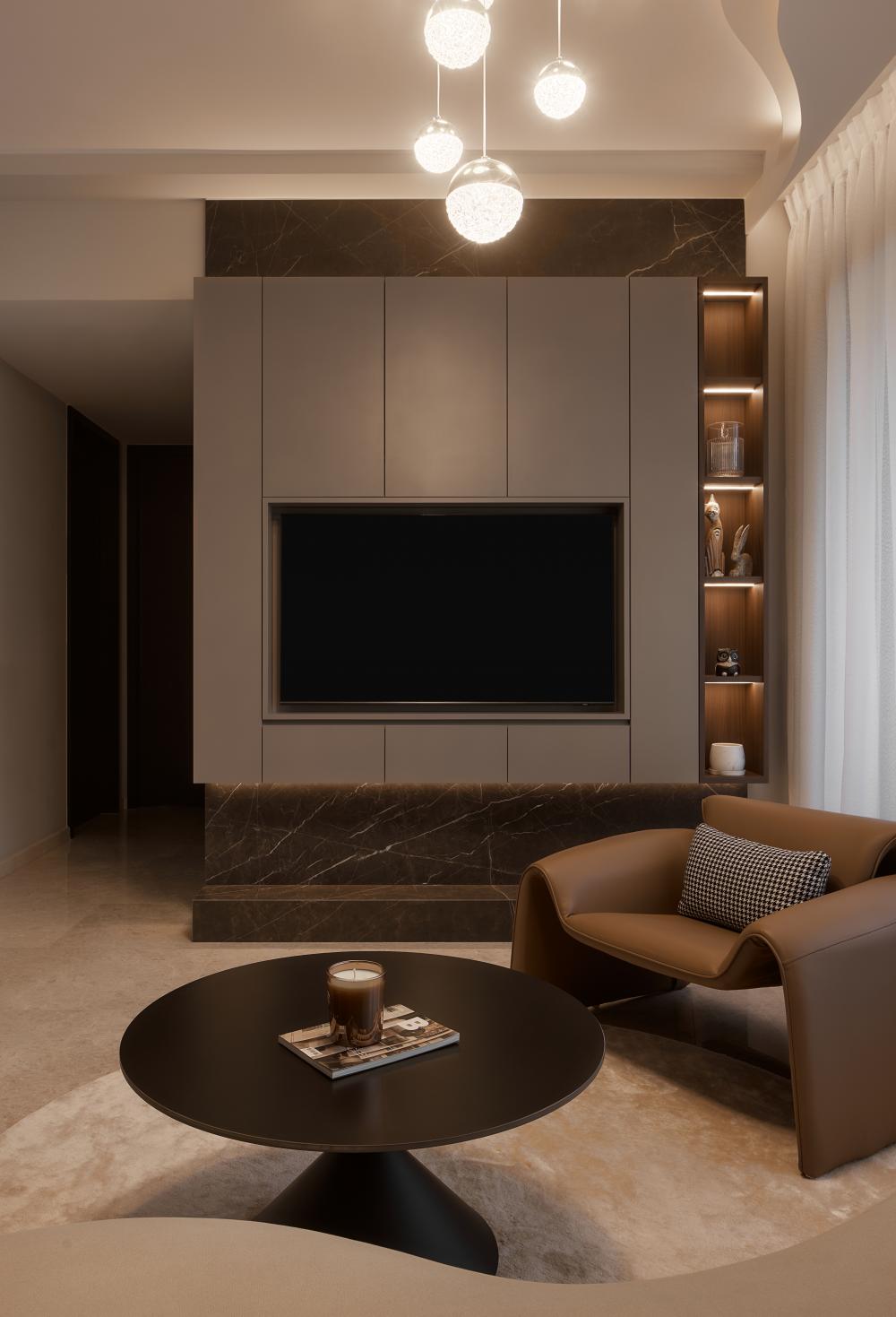 Modern Living Room with Marble Floor and TV Console