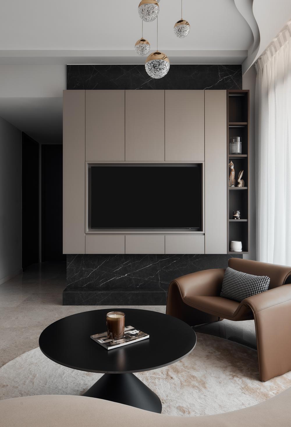 Modern Living Room with Marble Floor and TV Console