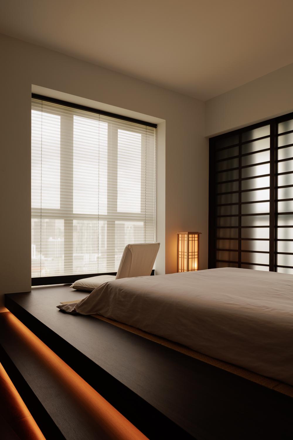 Transitional Bedroom with Platform Bed and Vinyl Flooring