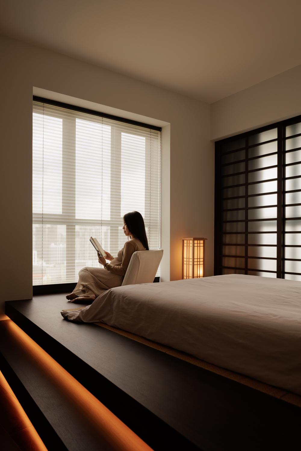 Transitional Bedroom with Platform Bed and Vinyl Flooring