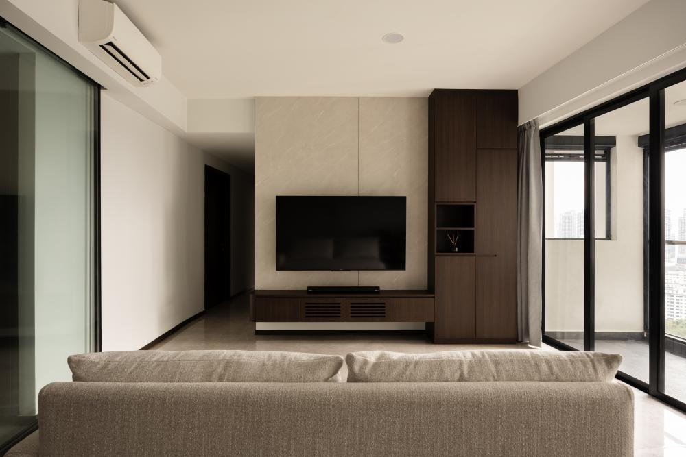 Transitional Living Room with Marble Floor and TV Console