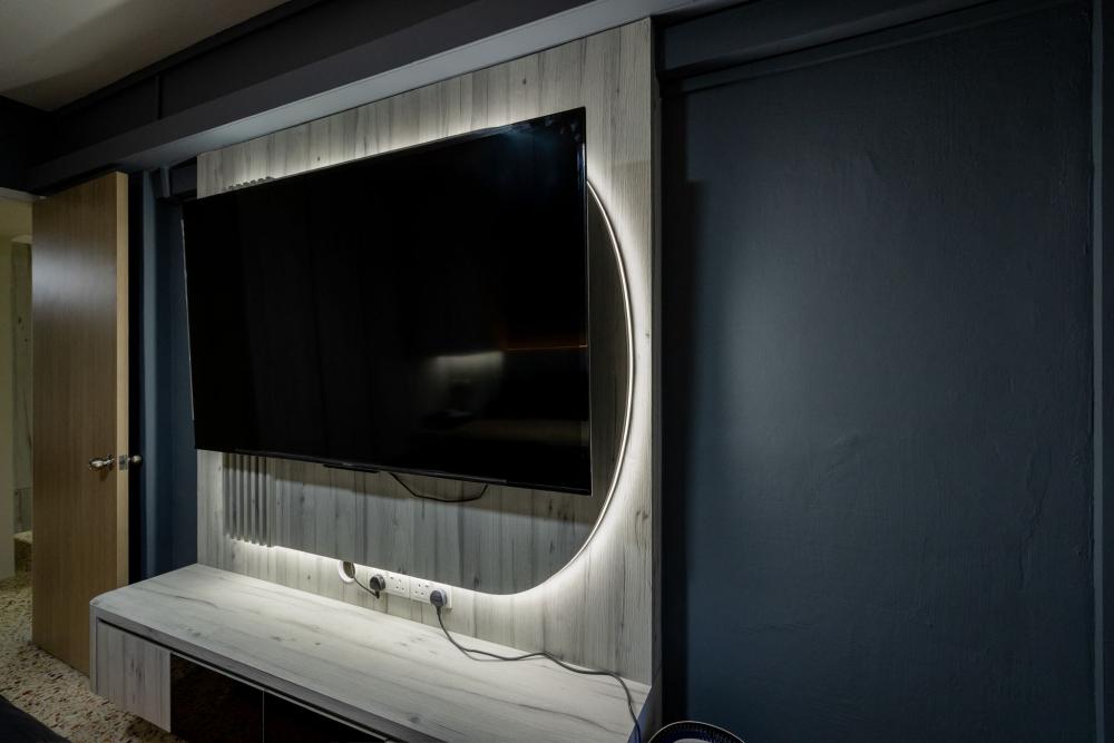 Asian Bedroom with TV Console and Lighting