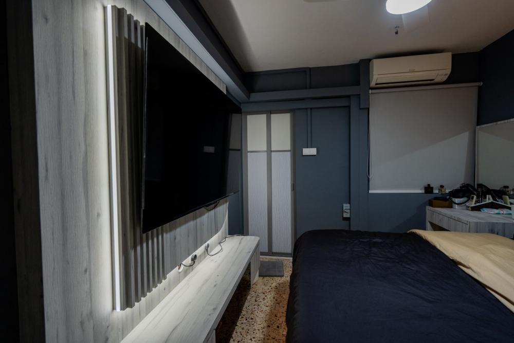 Asian Bedroom with TV Console and Lighting