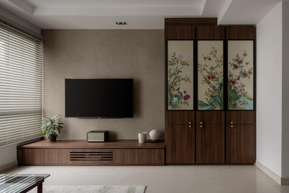 Modern Living Room with Bookshelf and Feature Wall