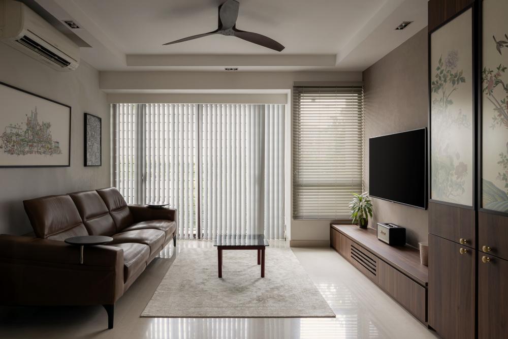 Modern Living Room with TV Console and Roller Blinds