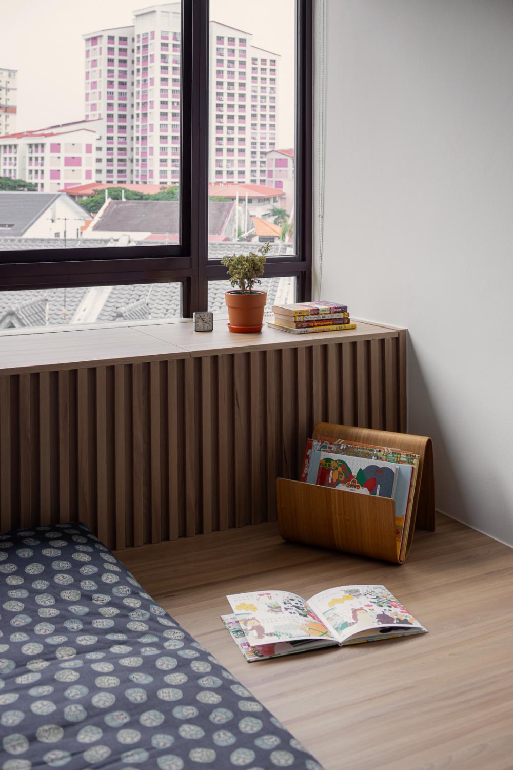 Modern Bedroom with Bookshelf and Platform Bed