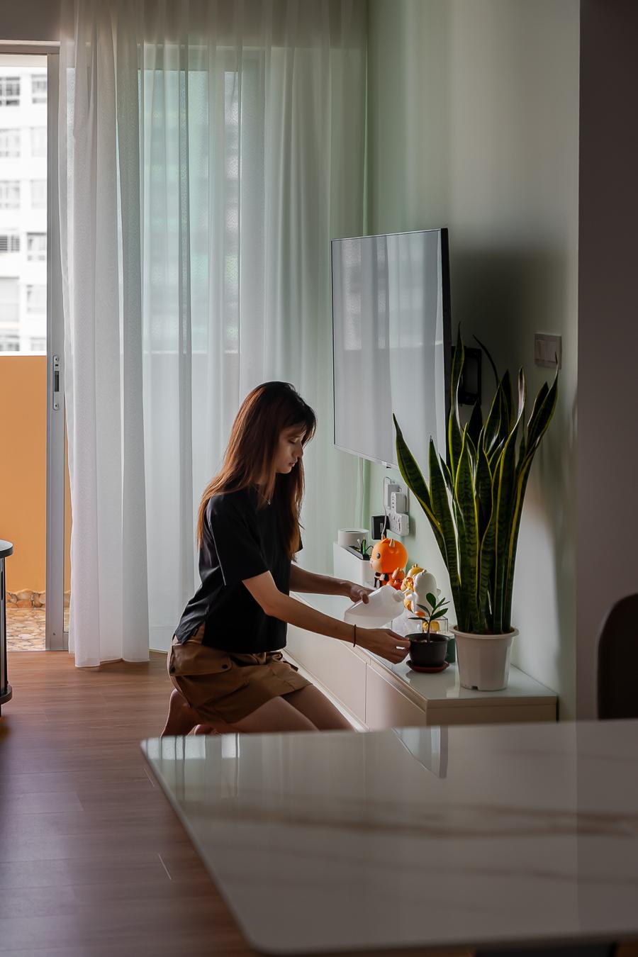 Asian Living Room with Vinyl Flooring and TV Console