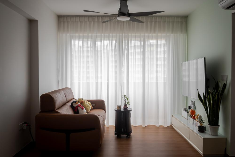 Asian Living Room with Vinyl Flooring and TV Console