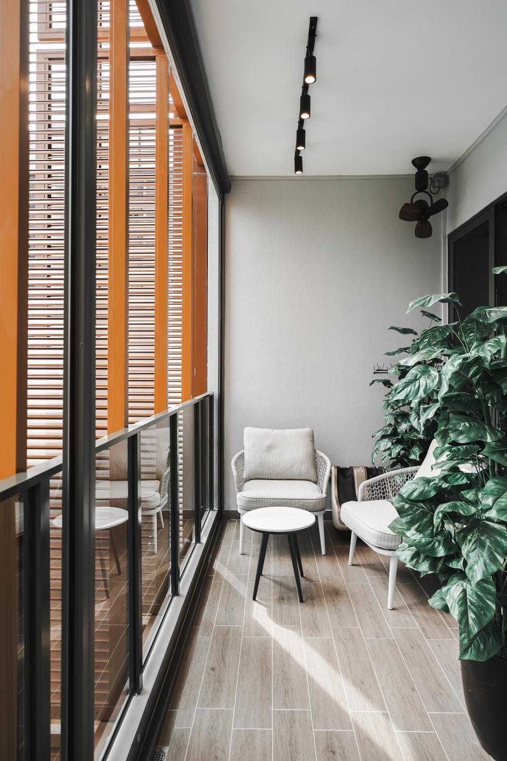 Contemporary Balcony with Window Shutters and Curtain