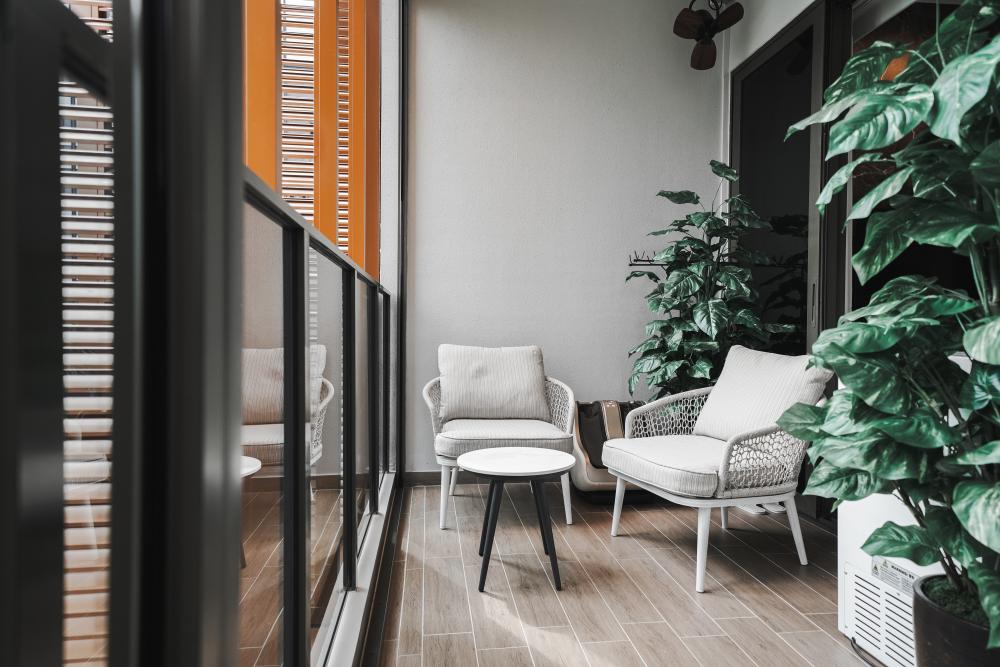 Contemporary Balcony with Window Seat and Window Shutters