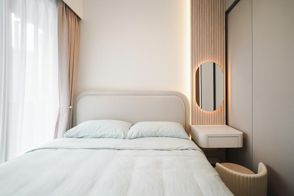 Contemporary Bedroom with Herringbone Tiling and Granite Floor