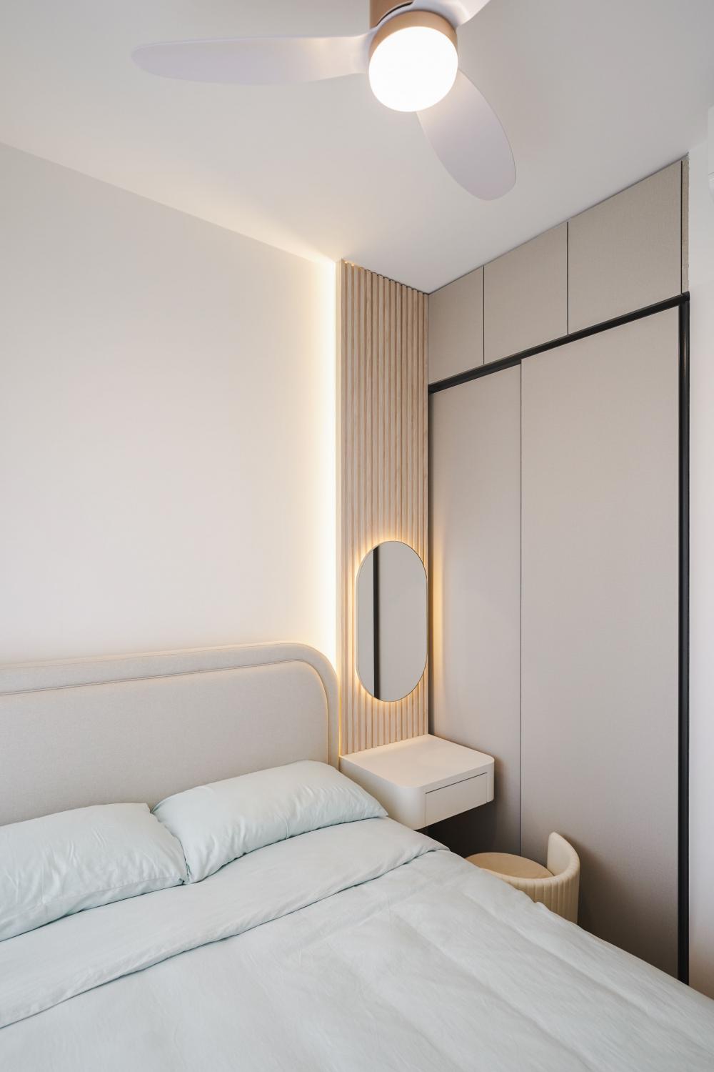 Contemporary Bedroom with Bay Window and Cove Lighting