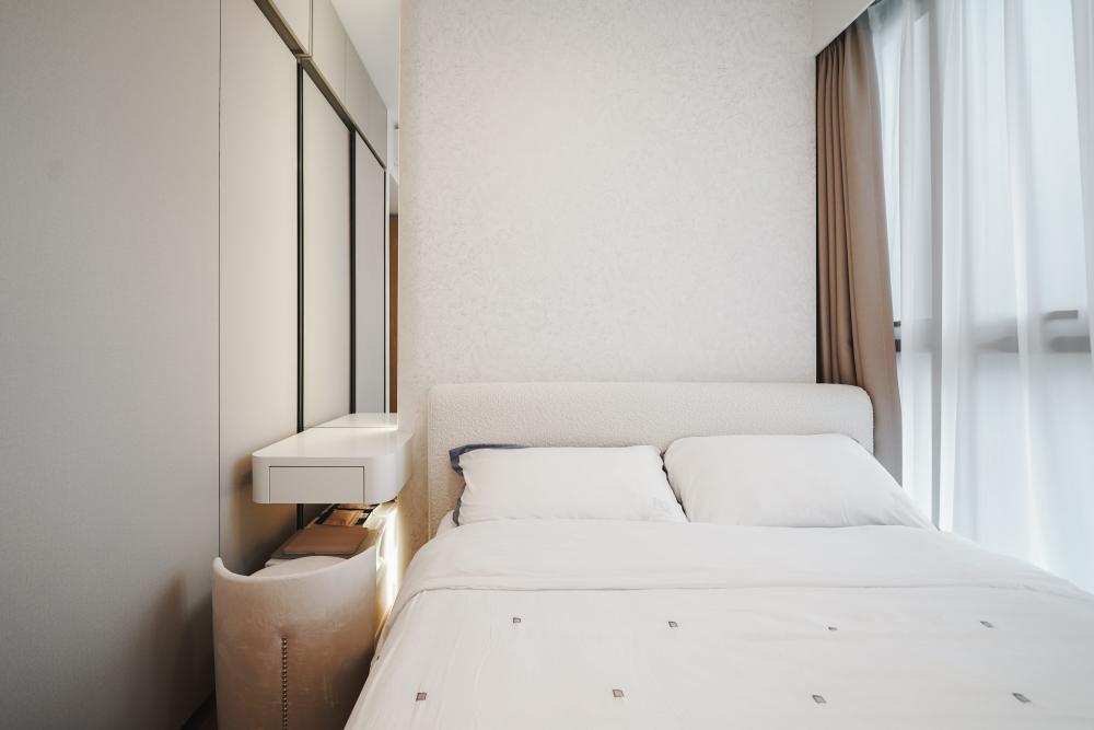 Contemporary Bedroom with Chandelier and Bedroom Dresser