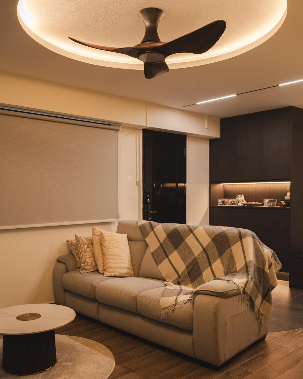 Modern Living Room with Chandelier and Downlights