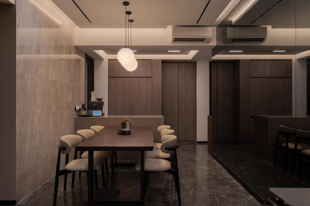 Modern Dining Room with Cove Lighting and Drop Ceiling