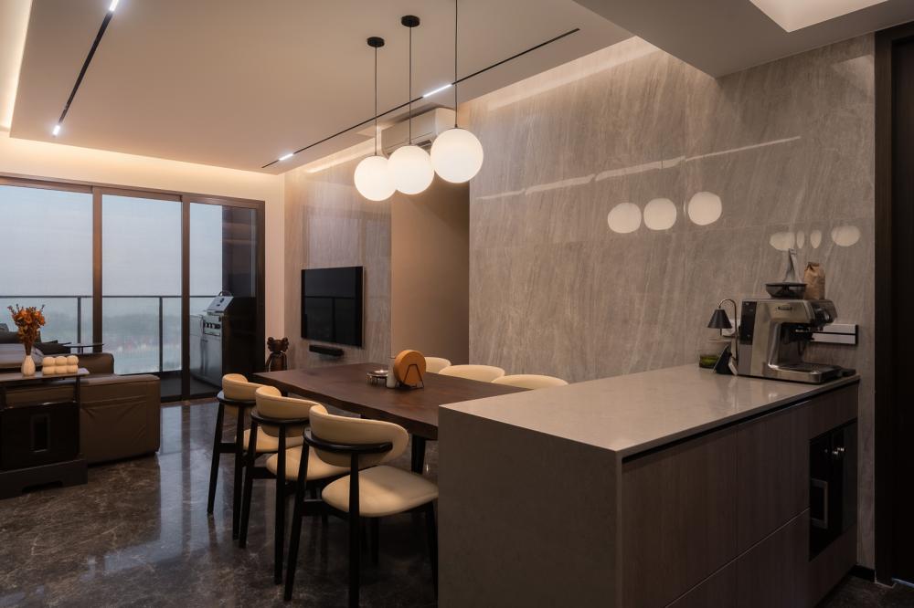Modern Living Room with Marble Floor and Feature Wall