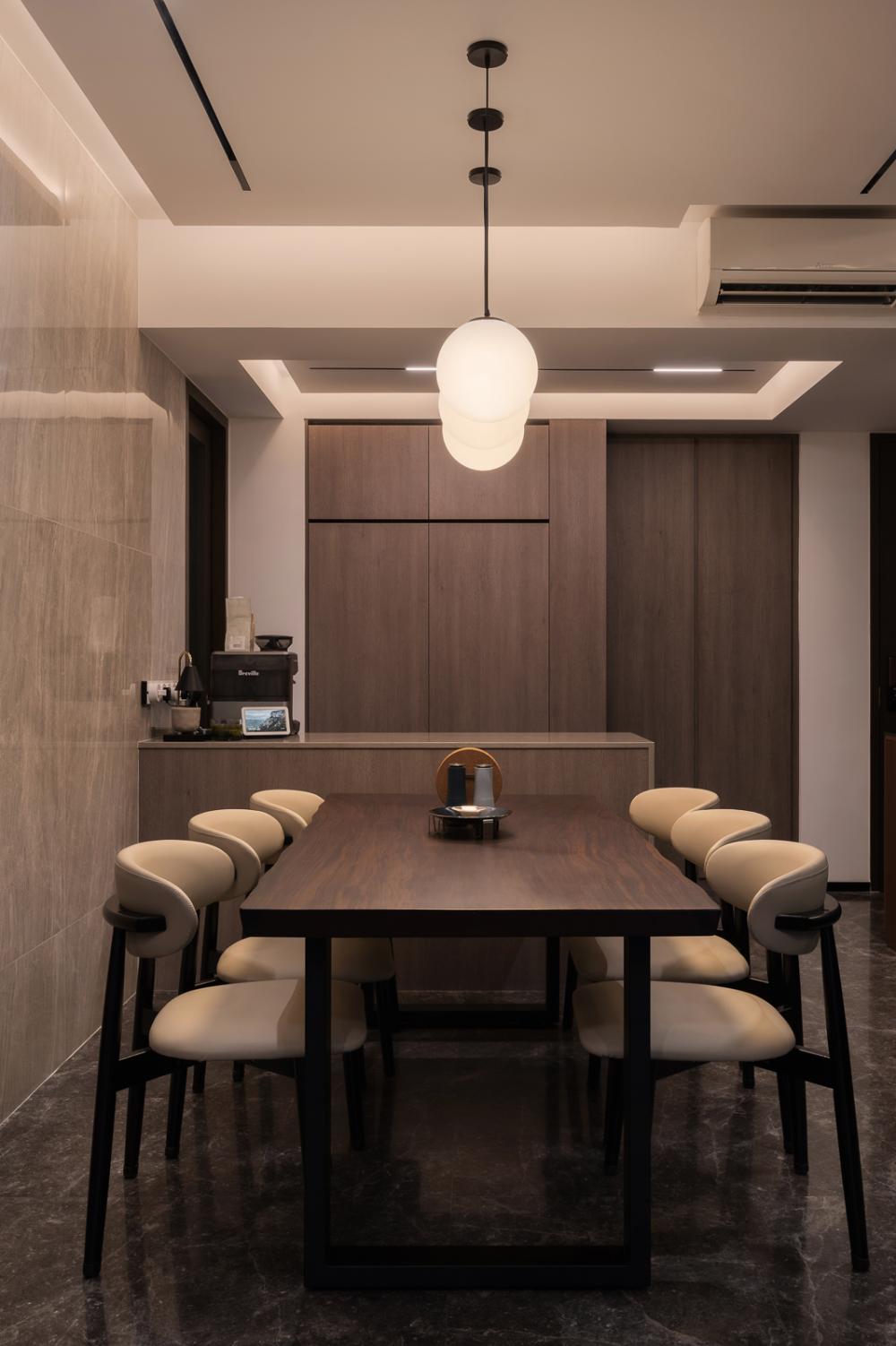 Modern Dining Room with Cove Lighting and Drop Ceiling