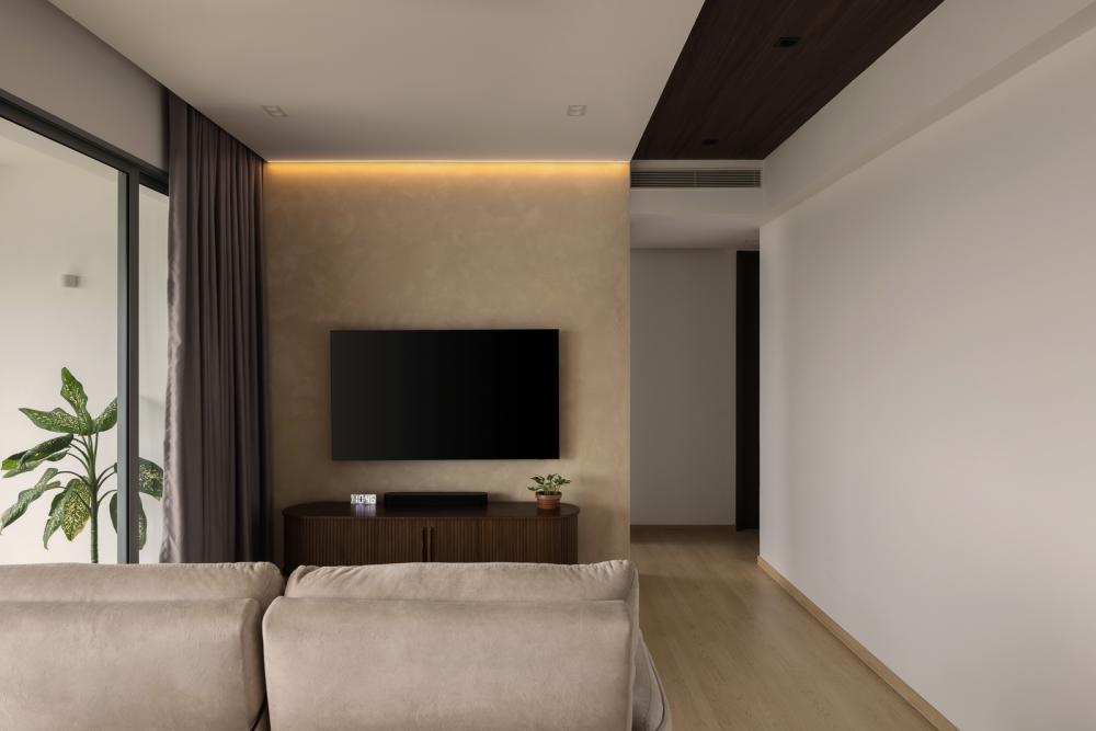 Scandinavian Living Room with Vinyl Flooring and Feature Wall