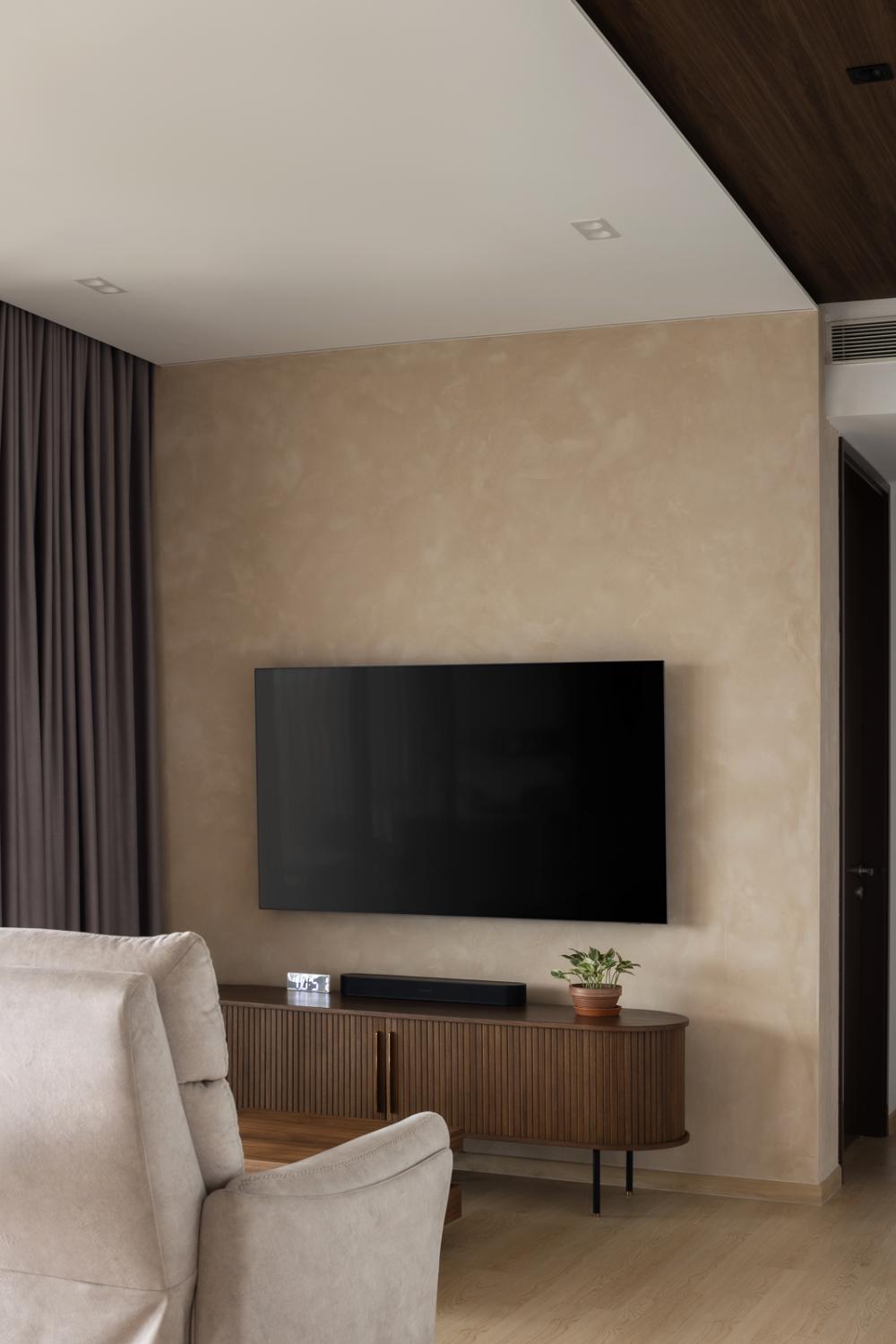 Scandinavian Living Room with Vinyl Flooring and Feature Wall