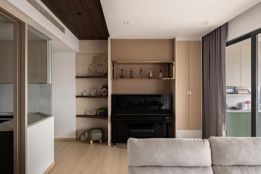 Scandinavian Living Room with Bookshelf and Feature Wall